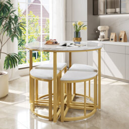 Btm Dining Table Set With Four Velvet Chairs White Mdf Top And Gold Frame Modern Dining Furniture - thumbnail 2