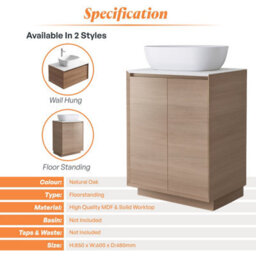 Plum&clay Matterhorn Oak Floor Standing Bathroom Vanity Unit With White Countertop (W)600mm (H)850mm - thumbnail 4