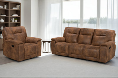 Suede Brown Faux Leather  3 + 1 Seater Manual Recliner Sofa And Armchair Set For Living Room Murcia - image 1
