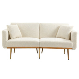 Matteo Modern 2-Seater Sofa Bed With 3-Position Adjustable Backrest, Plush Teddy Fabric & Gold Metal Legs - thumbnail 9