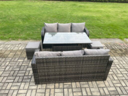 Fimous Patio Rattan Garden Furniture Set With Oblong Dining Table 2 Small Footstools 8 Seater Outdoor Lounge Sofa Set - thumbnail 2