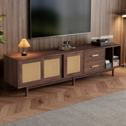 Abrihome Tv Stand Cabient With 2 Drawers, Sliding Doors With Rattan Design, Tv Console, Dark Wood, For Up To 80 Inch Tv - thumbnail 9