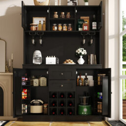 Abrihome Kitchen Cabinet With Adjustable Shelves & Wine Rack, 4-Door Sideboard With 2 Drawers, Black - thumbnail 2