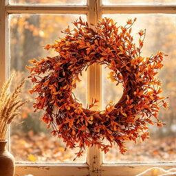 CLEFFNS 43Cm Artificial Halloween Orange Forsythia Flower Fall Wreath For Door Fireplace Farmhouse Wall Window Home Outdoor Autumn Decor - thumbnail 1