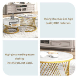 Btm 2-In-1 Mdf Round Coffee Table With Marble Grain Veneer, Rattan Drawers & Wood Handles, Gold Iron Legs, Living Room Set - thumbnail 6