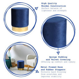 Harbour Housewares Round Velvet Foot Stool - Blue - Modern Dressing Table Pouffe Footstool Vanity Seats Vanity Chair Pouf - thumbnail 2