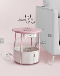 LEDREM Side Table With Charging Station, Round End Table With Power Outlets, Usb Ports, Fabric Basket,jelly Pink And Cream White - thumbnail 9