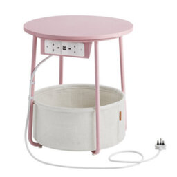 LEDREM Side Table With Charging Station, Round End Table With Power Outlets, Usb Ports, Fabric Basket,jelly Pink And Cream White - thumbnail 2