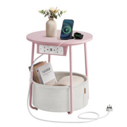 LEDREM Side Table With Charging Station, Round End Table With Power Outlets, Usb Ports, Fabric Basket,jelly Pink And Cream White - thumbnail 3