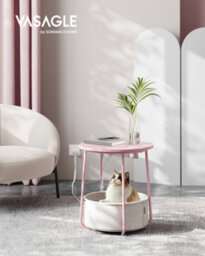 LEDREM Side Table With Charging Station, Round End Table With Power Outlets, Usb Ports, Fabric Basket,jelly Pink And Cream White - thumbnail 4