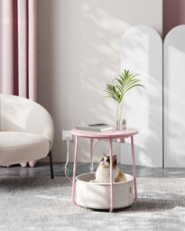 Vasagle Side Table With Charging Station, Round End Table With Power Outlets, Usb Ports, Fabric Basket,jelly Pink And Cream White