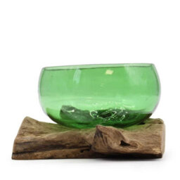 Wide Recycled Glass Bowl With Wooden Base Decorative Accent