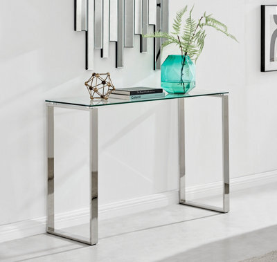 Furniturebox Miami Modern Rectangular Clear Glass Console Table With Square Silver Chrome Metal Legs For Minimalist Living Room Or Hallway - image 1