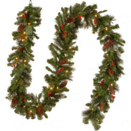 Amorly 9Ft Pre Lit Christmas Garland, 50 Warm White Led Lights With Timer, Artificial Mixed Evergreen With Pinecones Red Berries - thumbnail 1
