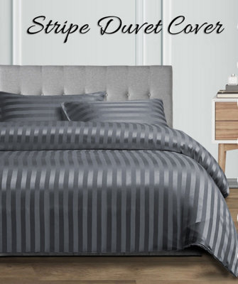 Ameha Stripe Duvet Cover Set With Pillowcase Anti Allergic & Reversible Soft Microfiber Charcoal Double Size 200X200Cm - image 1