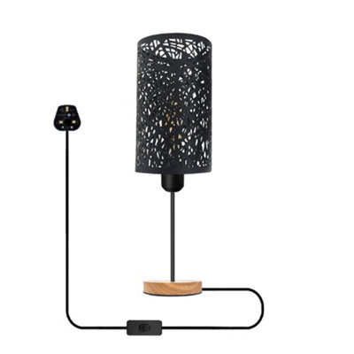 Bedside Table Lamp With Wooden Base And Cage Lampshade Bedroom Light Black - image 1