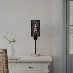 Bedside Table Lamp With Wooden Base And Cage Lampshade Bedroom Light Black - thumbnail 4