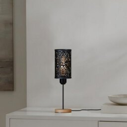 Bedside Table Lamp With Wooden Base And Cage Lampshade Bedroom Light Black - thumbnail 3