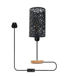 Bedside Table Lamp With Wooden Base And Cage Lampshade Bedroom Light Black - thumbnail 1