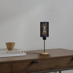 Bedside Table Lamp With Wooden Base And Cage Lampshade Bedroom Light Black - thumbnail 2