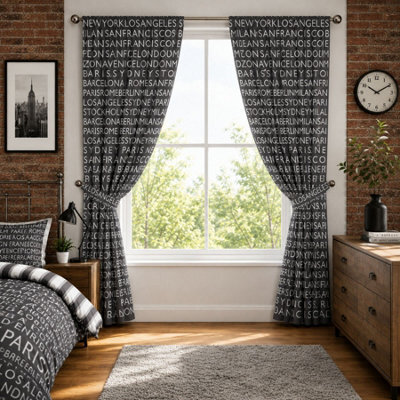 "Smart Living Neon Cities Curtains Pair With Tie Backs - Urban City Print- Grey - 66""x72""" - image 1