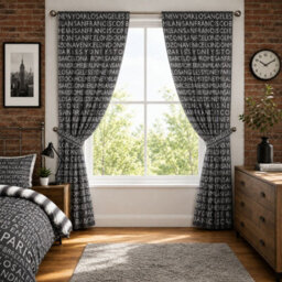"Smart Living Neon Cities Curtains Pair With Tie Backs - Urban City Print- Grey - 66""x72""" - thumbnail 1
