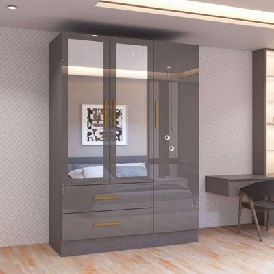 M N Furniture Ltd Modern High Gloss 2, 3 Or 4 Door Wardrobe With Mirror, Shelves, Hanging Rail And Drawers - (Grey,116Cm) - image 1
