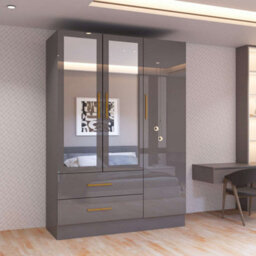 M N Furniture Ltd Modern High Gloss 2, 3 Or 4 Door Wardrobe With Mirror, Shelves, Hanging Rail And Drawers - (Grey,116Cm) - thumbnail 1