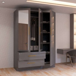 M N Furniture Ltd Modern High Gloss 2, 3 Or 4 Door Wardrobe With Mirror, Shelves, Hanging Rail And Drawers - (Grey,116Cm) - thumbnail 3
