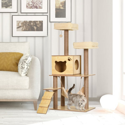 Pawhut 130Cm Cat Tree For Large Cats With Scratching Posts Toy Ball Yellow - image 1