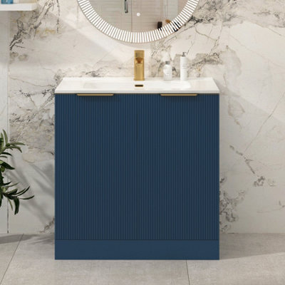 Royal Bathrooms Evora 800mm Midnight Blue Fluted Floor Standing Bathroom Vanity Unit 2 Door Cabinet With Ceramic Basin & Brushed Brass Handles - image 1