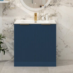 Royal Bathrooms Evora 800mm Midnight Blue Fluted Floor Standing Bathroom Vanity Unit 2 Door Cabinet With Ceramic Basin & Brushed Brass Handles