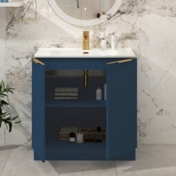 Royal Bathrooms Evora 800mm Midnight Blue Fluted Floor Standing Bathroom Vanity Unit 2 Door Cabinet With Ceramic Basin & Brushed Brass Handles - thumbnail 3