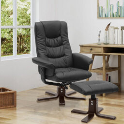 Living And Home Black Recliner Armchair Swivel Pu Leather Reclining Chair With Footstool - thumbnail 1