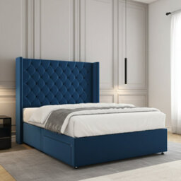 REGIONAL FURNISHINGS Luxury Blue Plush Velvet Divan Bed Set With 54Inch Headboard 2Drawersfootend & Mattress In Double King 4Ft 6Ft Sizes - thumbnail 3