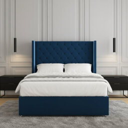REGIONAL FURNISHINGS Luxury Blue Plush Velvet Divan Bed Set With 54Inch Headboard 2Drawersfootend & Mattress In Double King 4Ft 6Ft Sizes - thumbnail 2