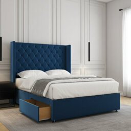 REGIONAL FURNISHINGS Luxury Blue Plush Velvet Divan Bed Set With 54Inch Headboard 2Drawersfootend & Mattress In Double King 4Ft 6Ft Sizes