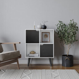 Urbn-Living Urbnliving 80Cm Height White 4 Cube With Black 2 Wooden Door Bookcase With Black Legs Shelves - thumbnail 1