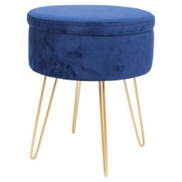 Harbour Housewares Velvet Storage Footstool - Round Modern Dressing Table Footstool Vanity Seat Chair - 45 X 36Cm - Blue/gold