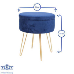 Harbour Housewares Velvet Storage Footstool - Round Modern Dressing Table Footstool Vanity Seat Chair - 45 X 36Cm - Blue/gold - thumbnail 3