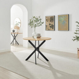 Furniturebox Uk Novara Round Oak Veneer And Black Metal 4 Seater Dining Table - thumbnail 1
