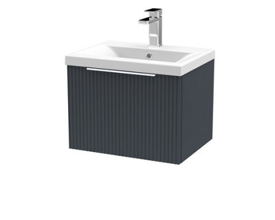 Hudson Reed Fluted Wall Hung 1-Drawer Vanity And Mid-Edge Basin, Contemporary Sink Vanity Unit, Soft Black, 500mm - image 1