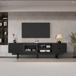 Modern Tv Stand With 2 Doors, 2 Drawers And Open Shelf, Black - thumbnail 1