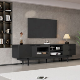 Modern Tv Stand With 2 Doors, 2 Drawers And Open Shelf, Black - thumbnail 3