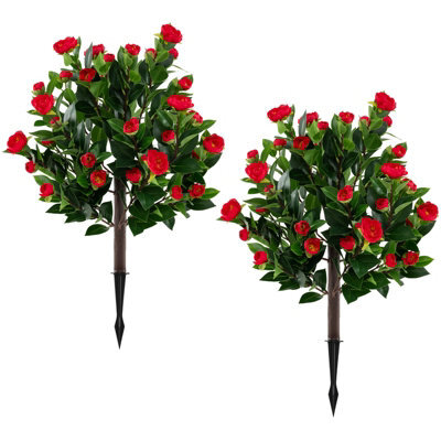 Costway 80Cm Artificial Camellia Tree Set 2 Pack Fake Flower Trees-Green