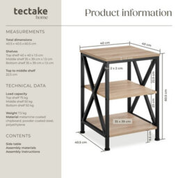 Tectake Bedside Table Nottingham - Industrial Style, With 3 Shelves, 40.5 X 40.5 X 60.5 Cm - Industrial Wood Light, Oak Sonoma - thumbnail 6