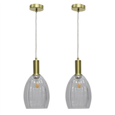 First Choice Lighting Set Of 2 Birch - Clear Fluted Glass Satin Brass Deco Pendant Fittings - image 1