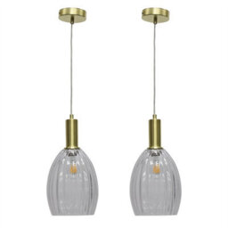 First Choice Lighting Set Of 2 Birch - Clear Fluted Glass Satin Brass Deco Pendant Fittings - thumbnail 1