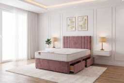 "Knight Sleep Sky Pink Plush Bed Set With Mattress, 2 Drawers Same Side & 24""headboard, 4Ft6 - Double" - thumbnail 1