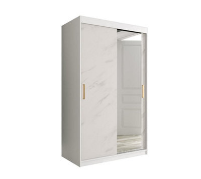 Arte Stylish White Geneva T2 Sliding Door Wardrobe W1200mm H2000mm D620mm - Modern Design, Mirrored Door, Gold Handles - image 1